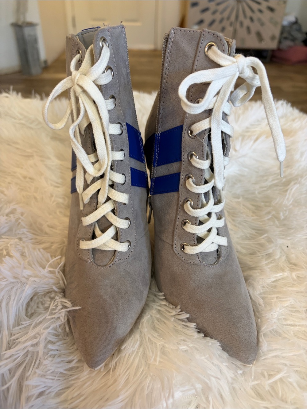 Gray Suede Lace-Up Ankle Sporty Boots with Blue Accent
